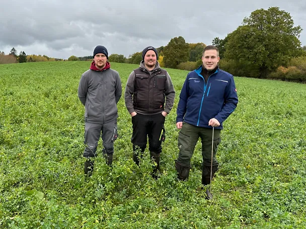Jonas und Felix Lindemann mit SCHAUMANN-Fachberater Dennis Schiller (rechts) auf einem Feld mit Luzerne Jonas und Felix Lindemann mit SCHAUMANN-Fachberater Dennis Schiller (rechts) auf einem Feld mit Luzerne